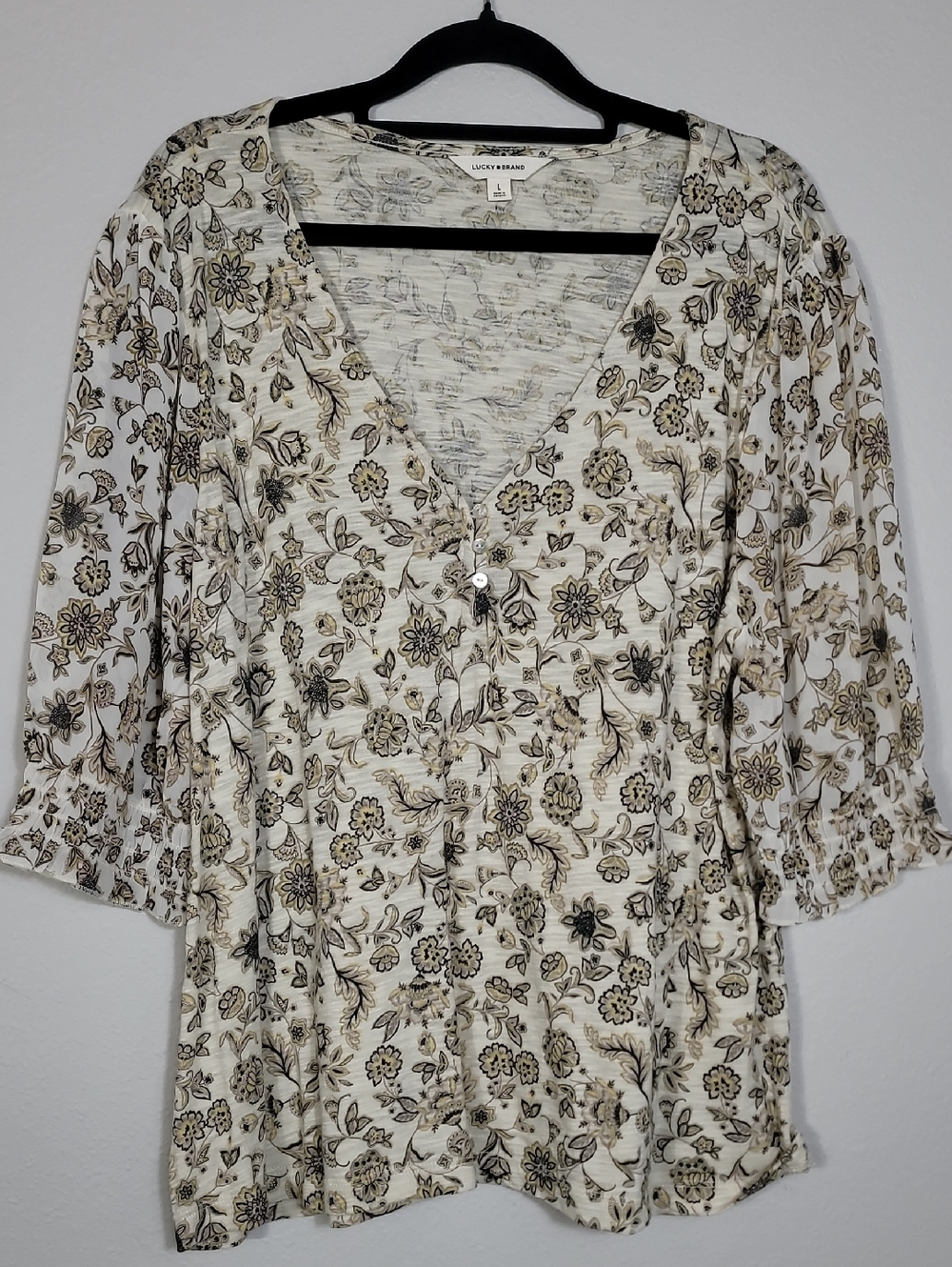 Lucky Brand Peasant Blouse Size Medium Floral Puff Sleeve Boho Top Hippie Earthy